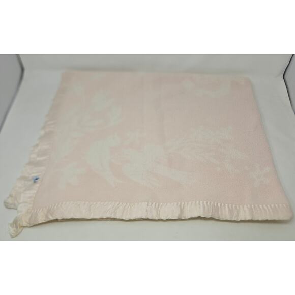 Vintage Reversible Pink Satin Edge Baby Blanket Floral Birds 42 x 28 Fleece - Picture 6 of 13